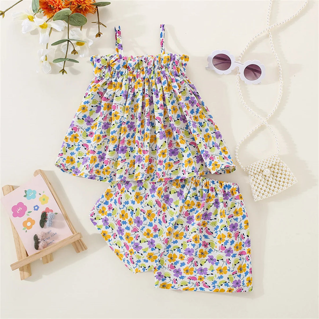 Baby Girls Fragmented Flower Strap Top+Chiffon Shorts Summer Outfit childrensterritory