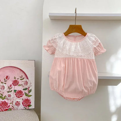 Baby Girl Lace Embroidered Pink Summer Romper