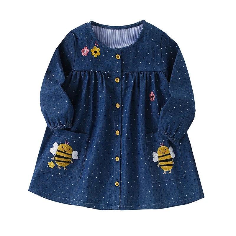 Little Girls Cartoon Bees Design Long Sleeves Dress with Pockets childrensterritory