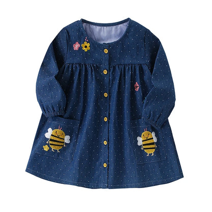 Little Girls Cartoon Bees Design Long Sleeves Dress with Pockets childrensterritory
