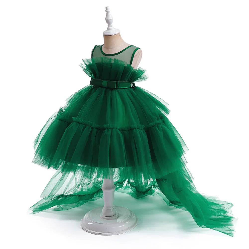 Kids Girls Formal Puffy Princess Wedding Birthday Dress with Trail