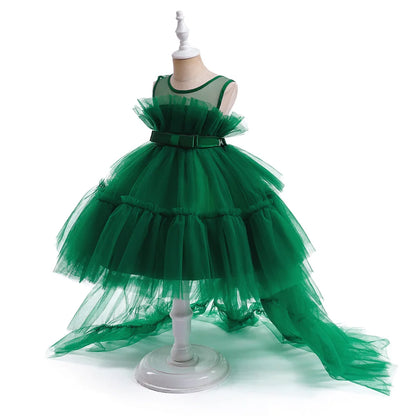 Kids Girls Formal Puffy Princess Wedding Birthday Dress with Trail