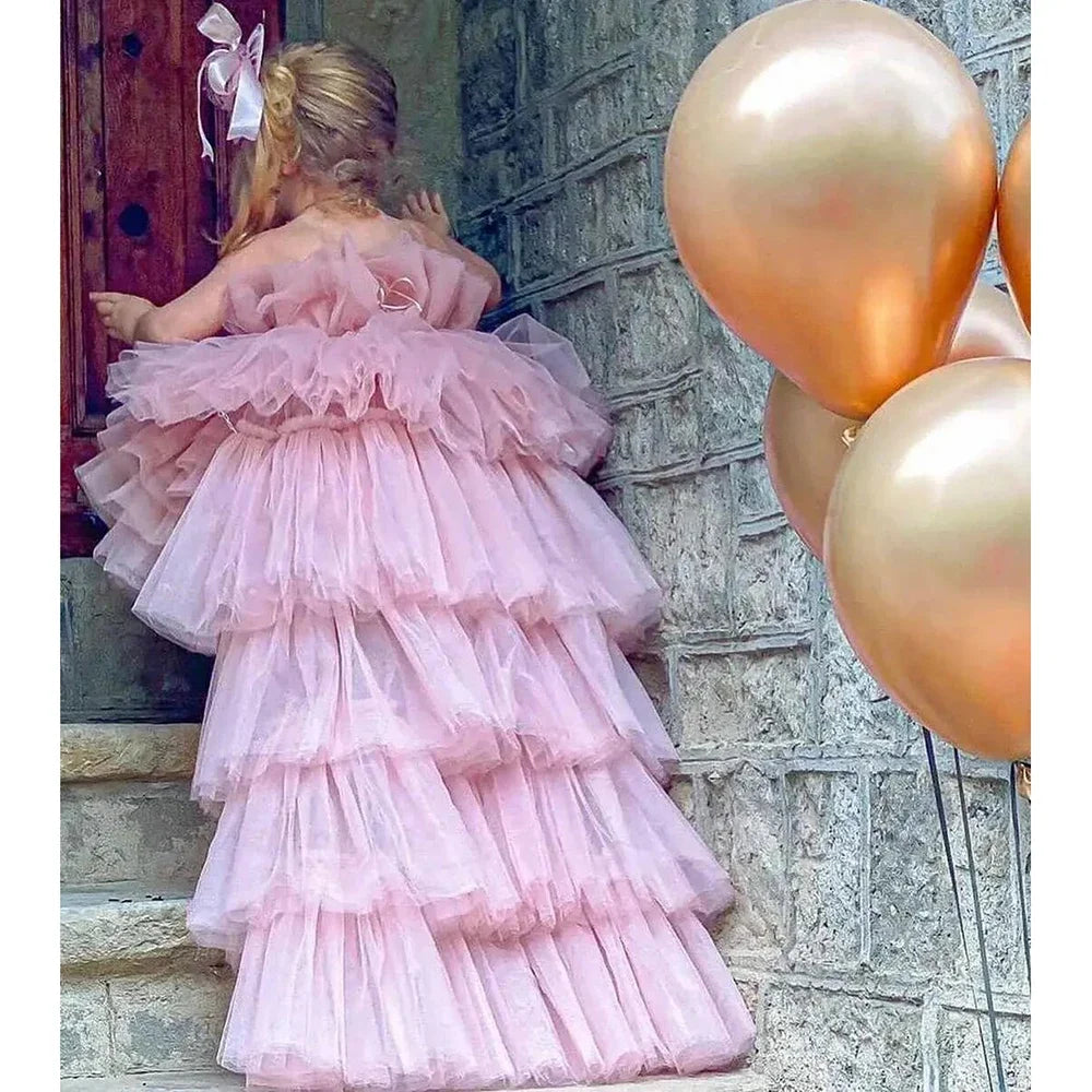 Sheer Neck Puffy Flower Girl Dress with Long Train for Birthday