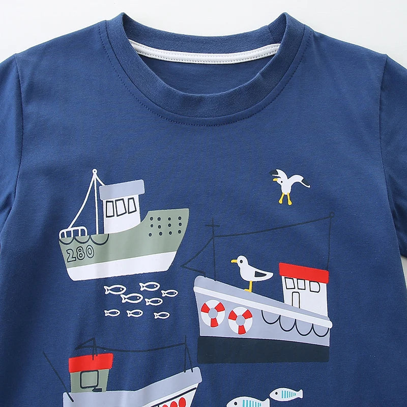 Cartoon Ships Design Summer T Shirts for Kids Boys