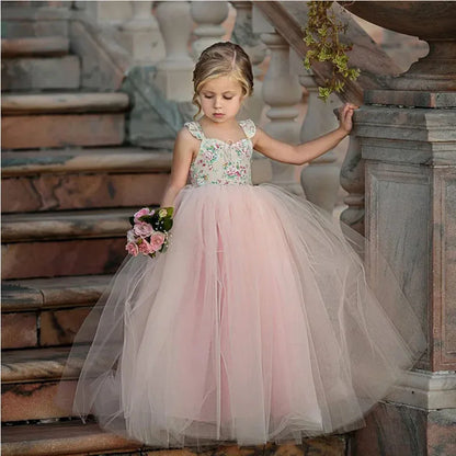 Little Girls Lace Design Fluffy Pink Wedding Party Dress childrensterritory