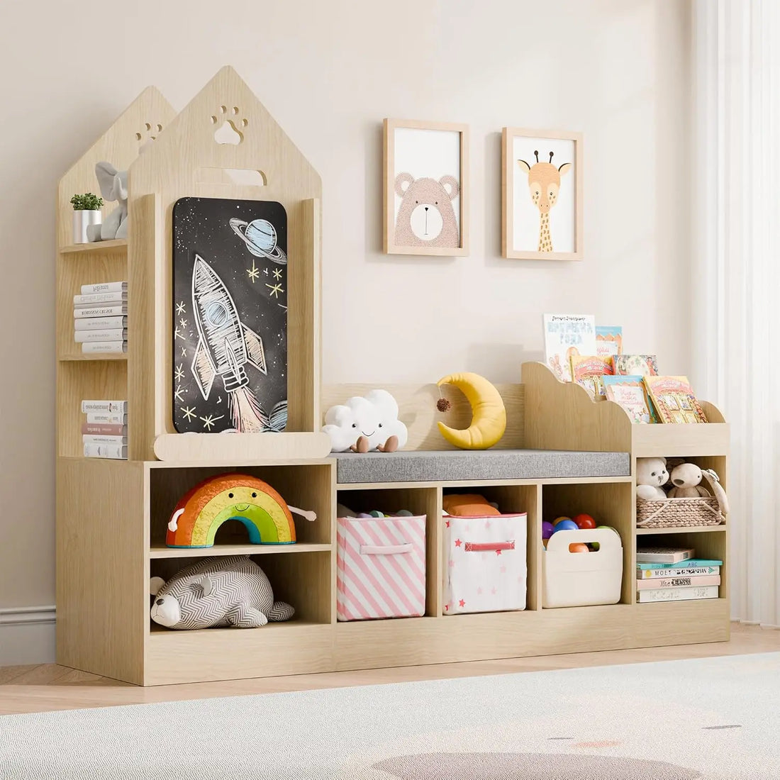 Kids Wooden Bookshelf with Chalkboard and Bench childrensterritory