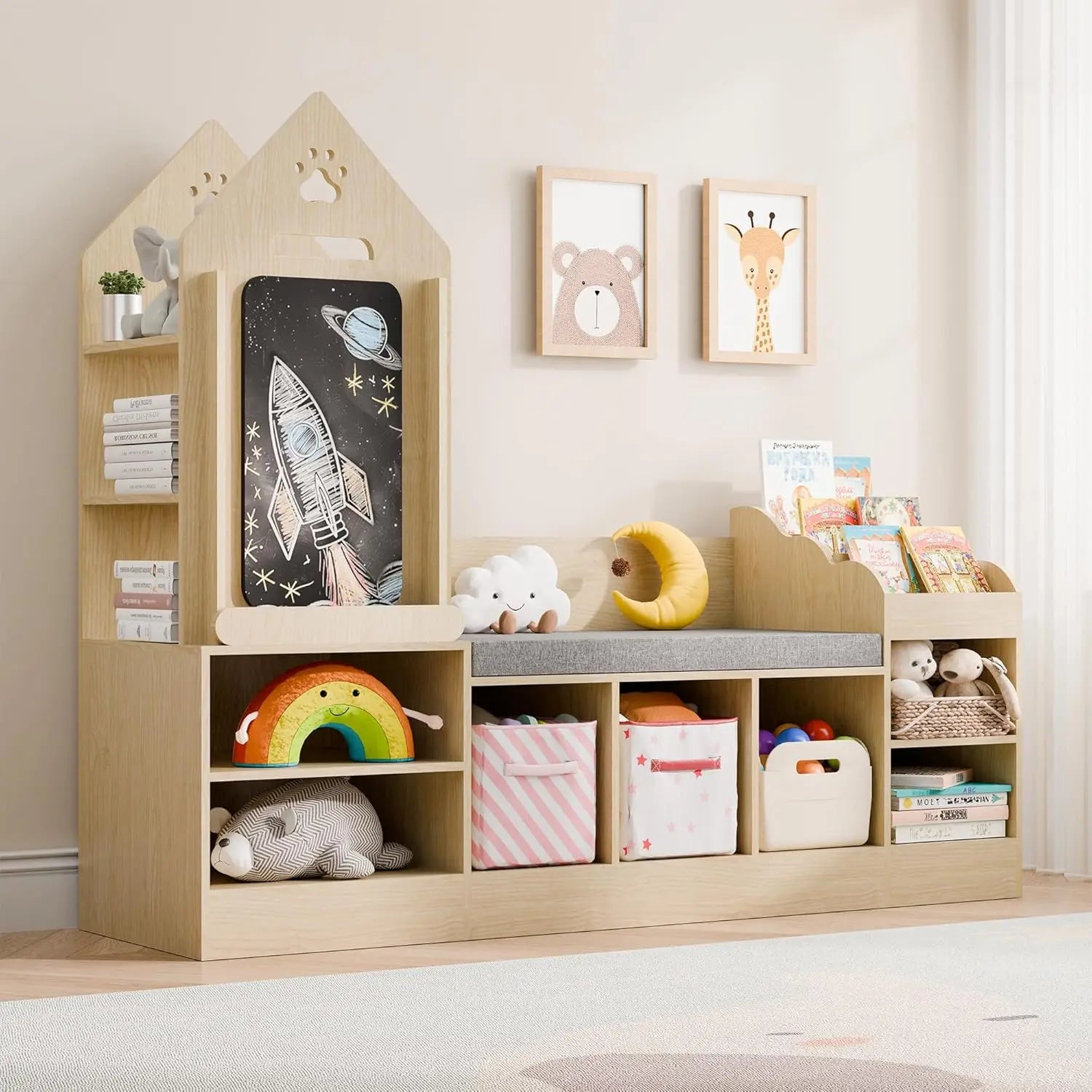 Kids Wooden Bookshelf with Chalkboard and Bench childrensterritory