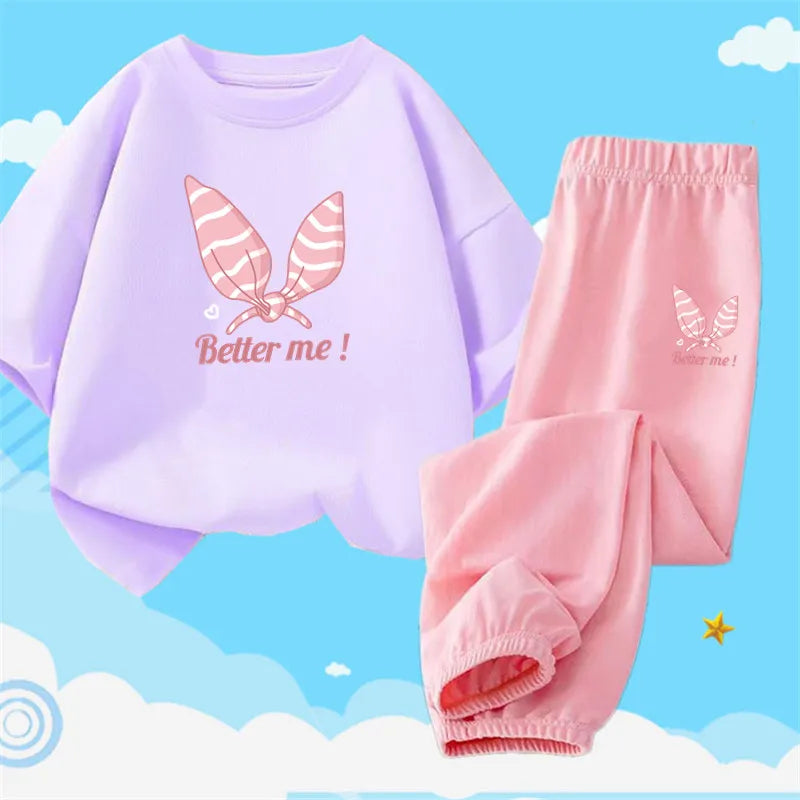 2pcs Kids Girls Cute Cartoon Print T-shirts + Pants Summer Outfit childrensterritory