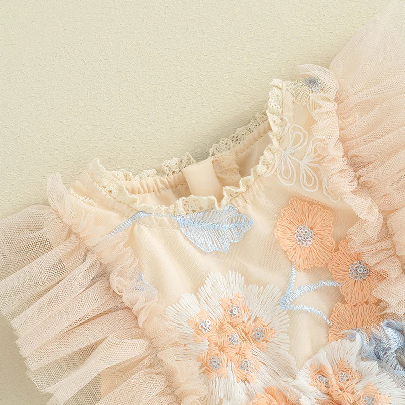 Baby Girl Tulle Floral Embroidery Romper Dress and Headband Set