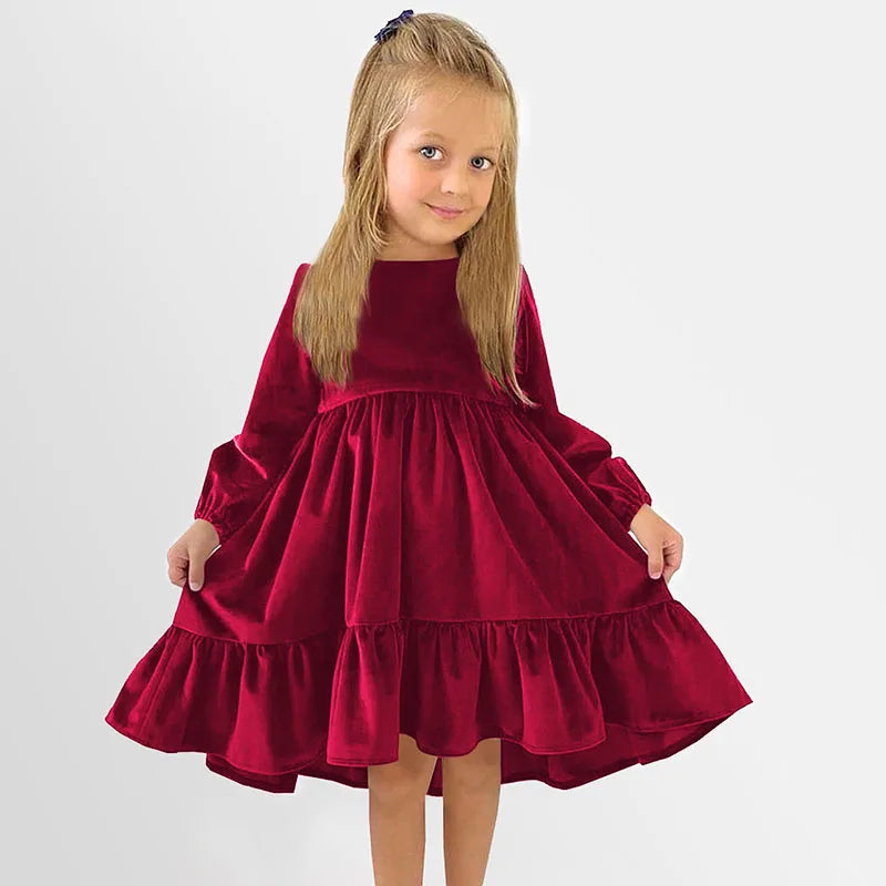 Kids Girls Velvet Long Sleeve Ruffle Hem Party Dresses