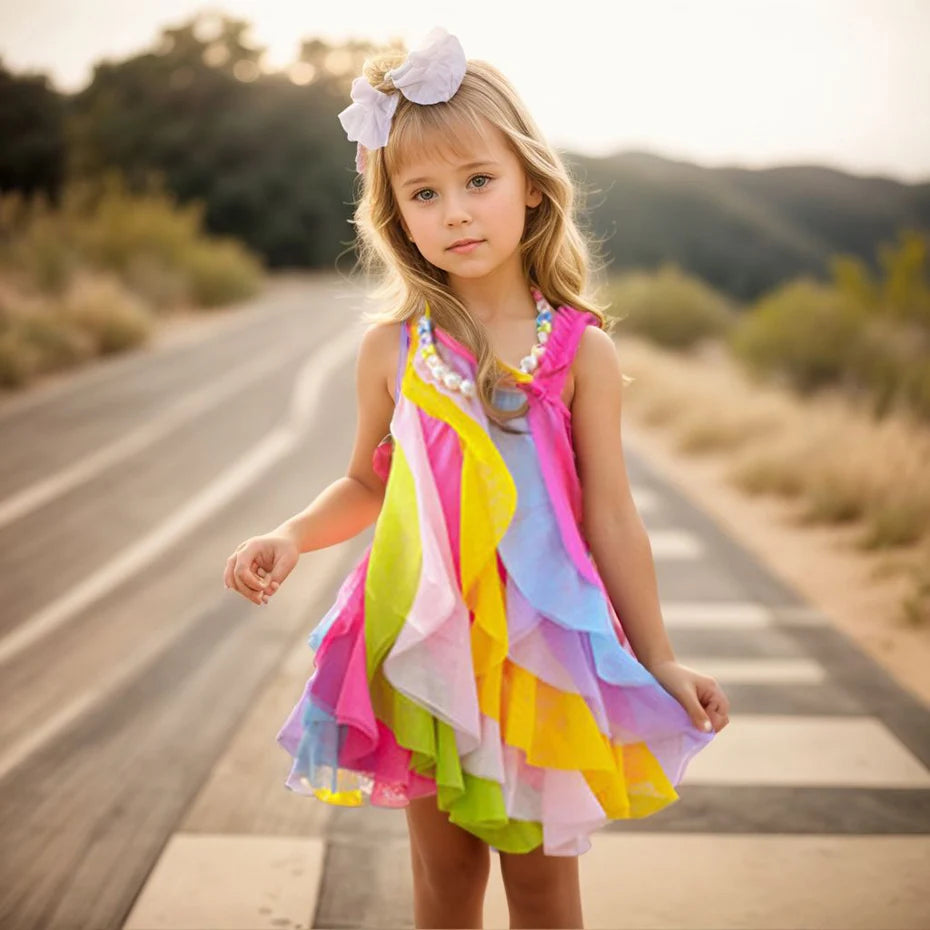 Sleeveless Rainbow Color Beach Dress For Kids Girls childrensterritory
