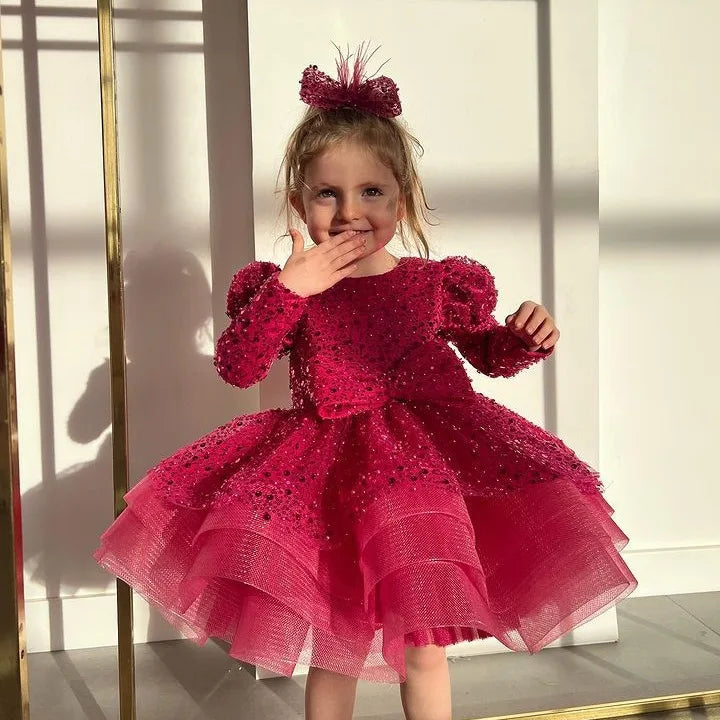 Luxury Long-Sleeved Sequined Fluffy Chiffon Wedding Party Dress childrensterritory