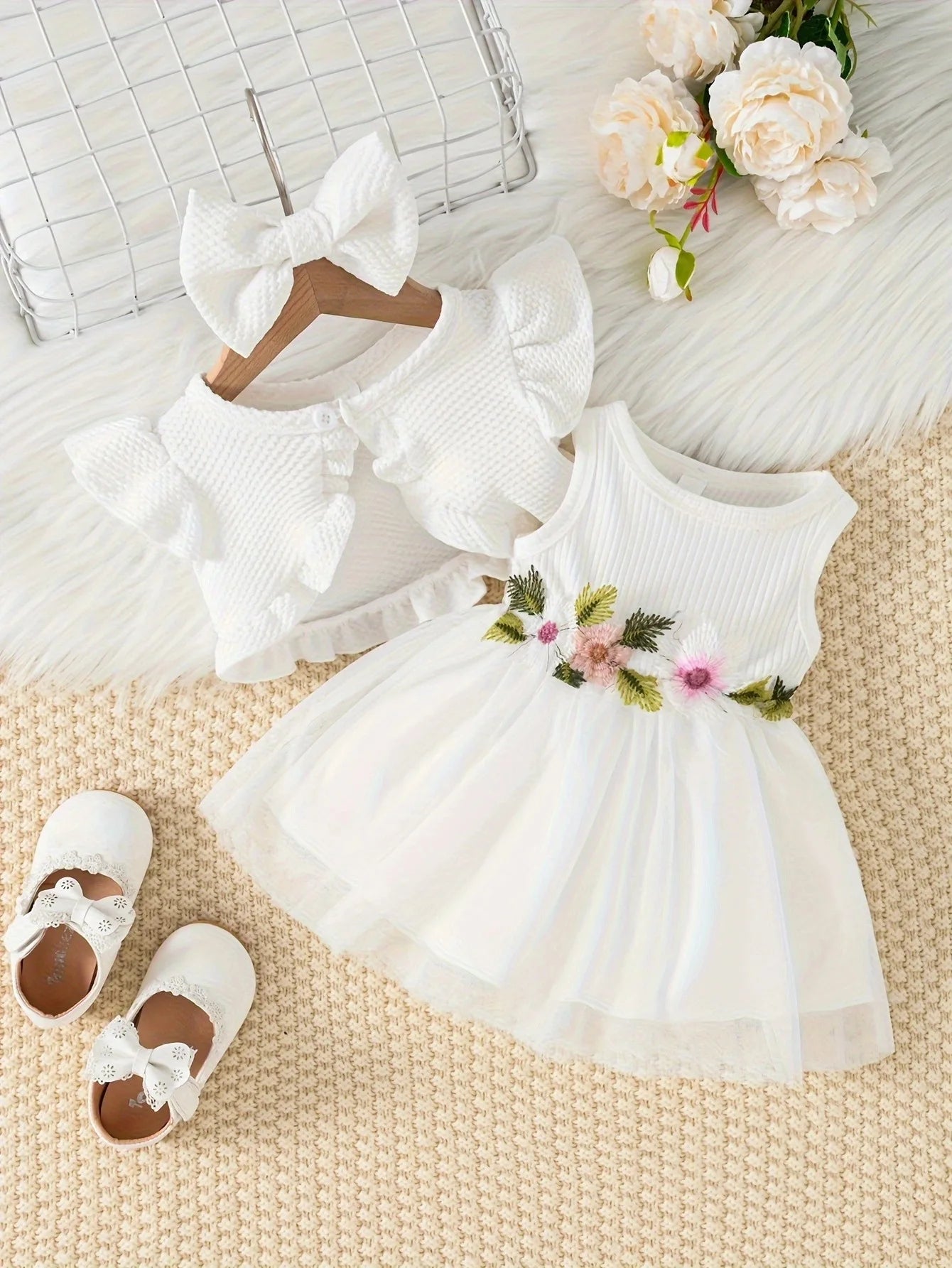 Baby Girls Summer Style Waist Flower Mesh Dress with Jacket Headband childrensterritory