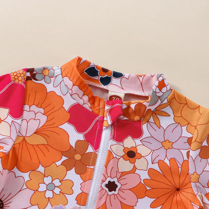 Tie-Up Hollow-Out Kids Girls Floral Print Swimwear with Hat