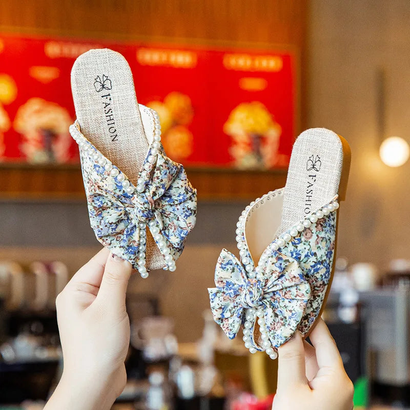 Soft Floral Print Pearls Decor Kids Girls Bow-knot Slippers