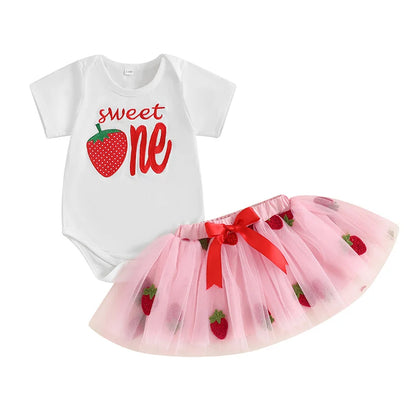 Baby Girl Strawberry Print Romper and Tulle Skirt 2 Pcs Set