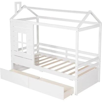 Twin Size Wood Storage Bunk Bed with Window and Roof