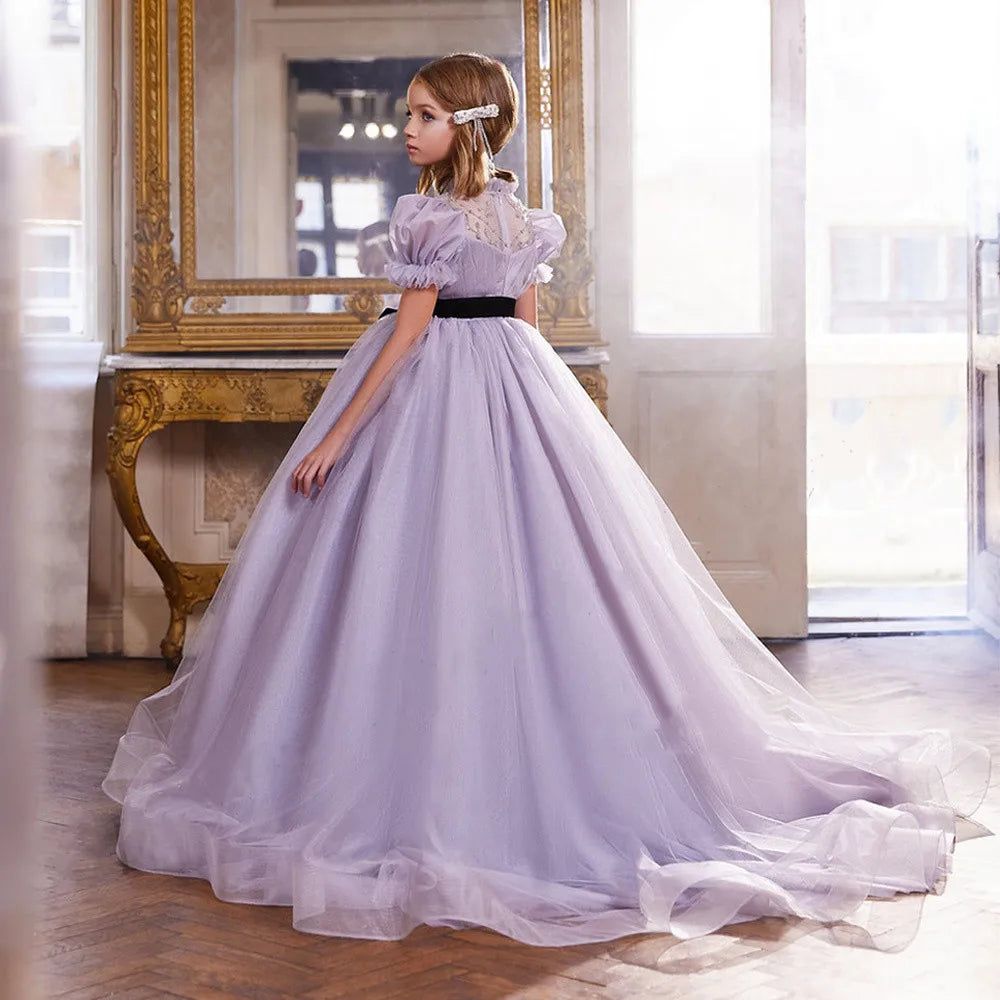 Purple Tulle Puffy Long Wedding Birthday Party Princess Gown childrensterritory