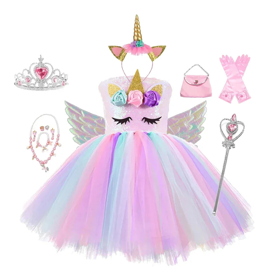 Kids Girls Unicorn Design LED Lights Sequin Tutu Dress for Halloween