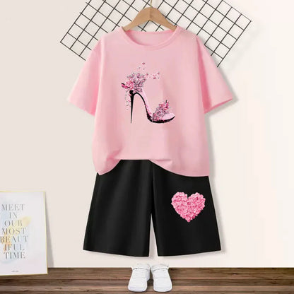 Kids Girls Butterfly High Heel T-shirt +Shorts 2 Piece Tracksuits childrensterritory