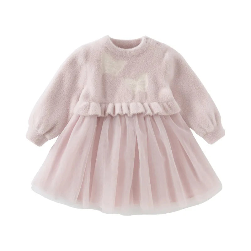 Cute Warm Fleece Upper and Mesh Bottom Girls Princess Dress childrensterritory