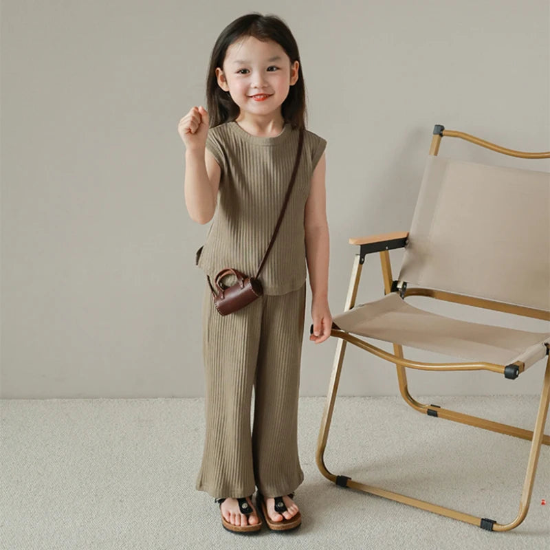 Kids Girls Summertime Sleeveless T-Shirt + Trousers Casual Outfit Set childrensterritory