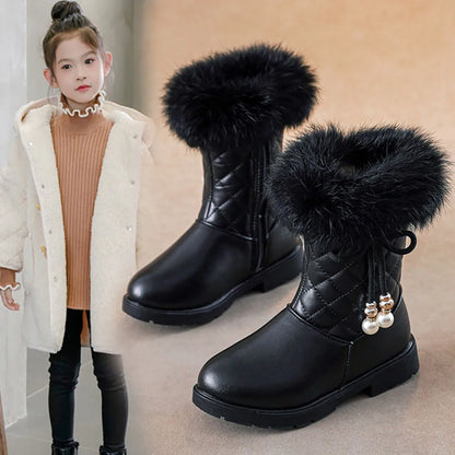 Girls Korean Style Thick Warm Faux Fur Zipper Boots childrensterritory