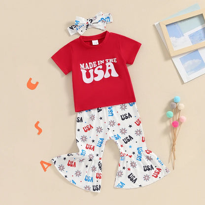 Letter Printed Shirt Floral Pant 4th of July Outfit for Baby Girl
