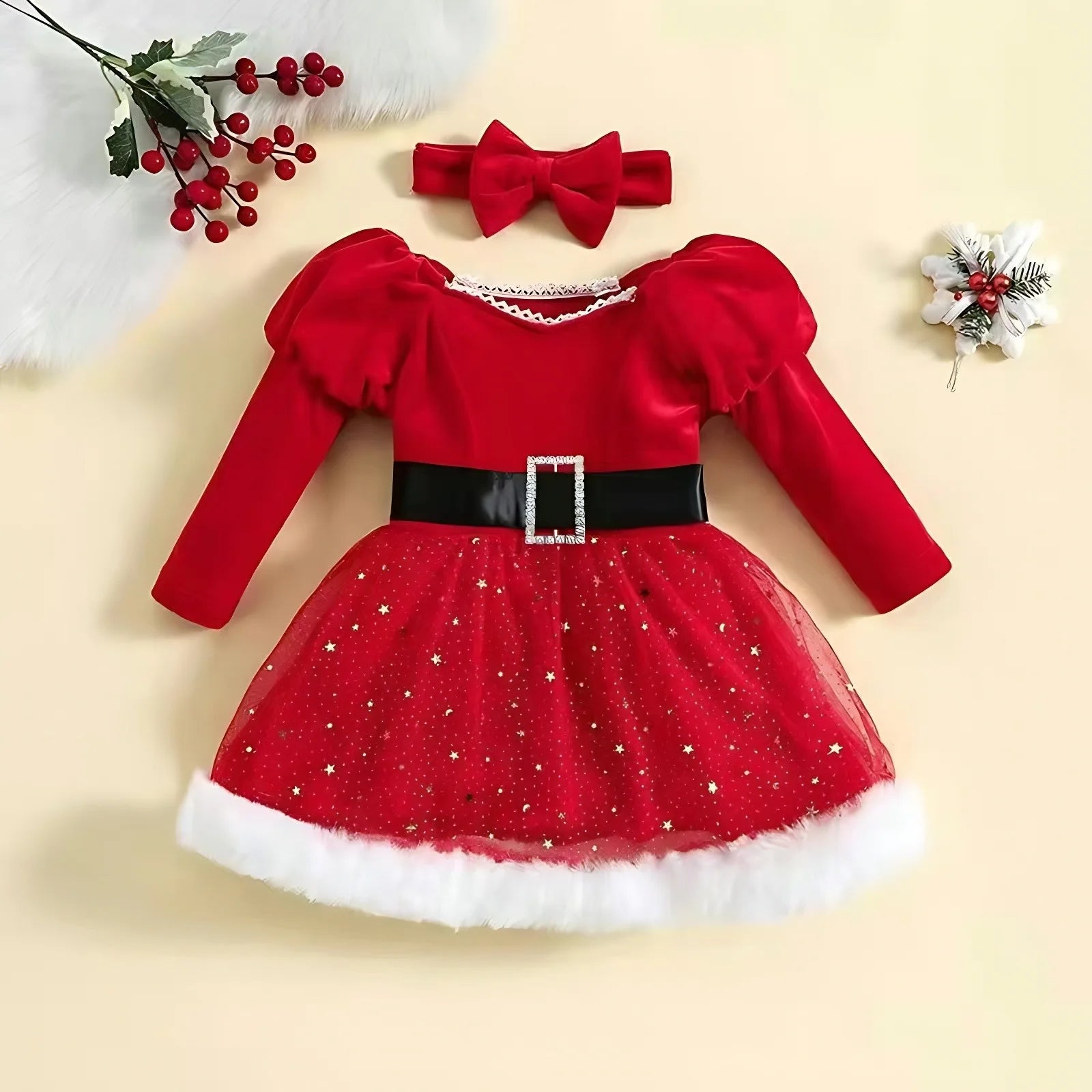 Girls' Belt Design Christmas Party Dresses
