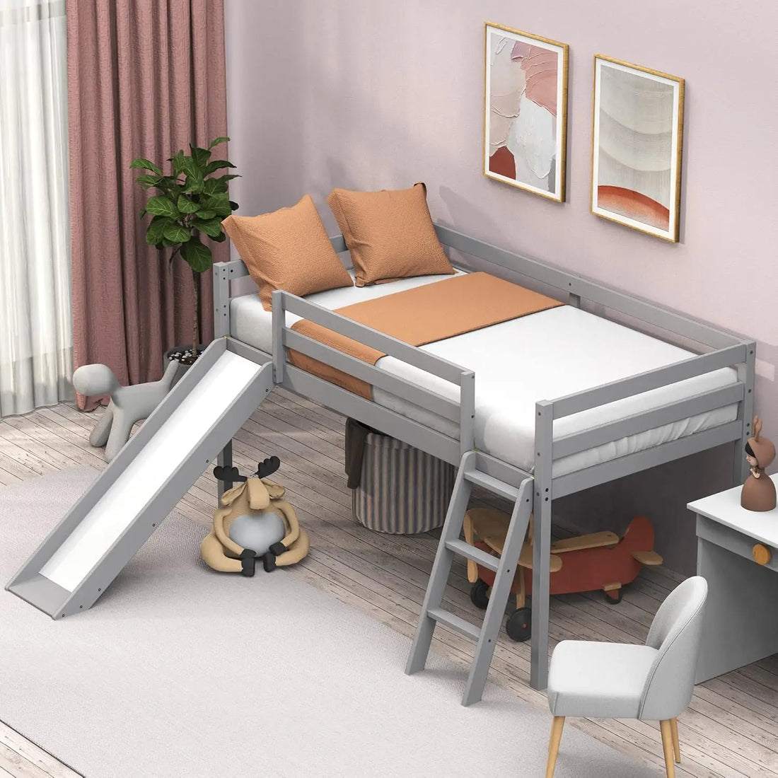 Kids Wooden Loft Bed with Climbing Ladder & Storage Space