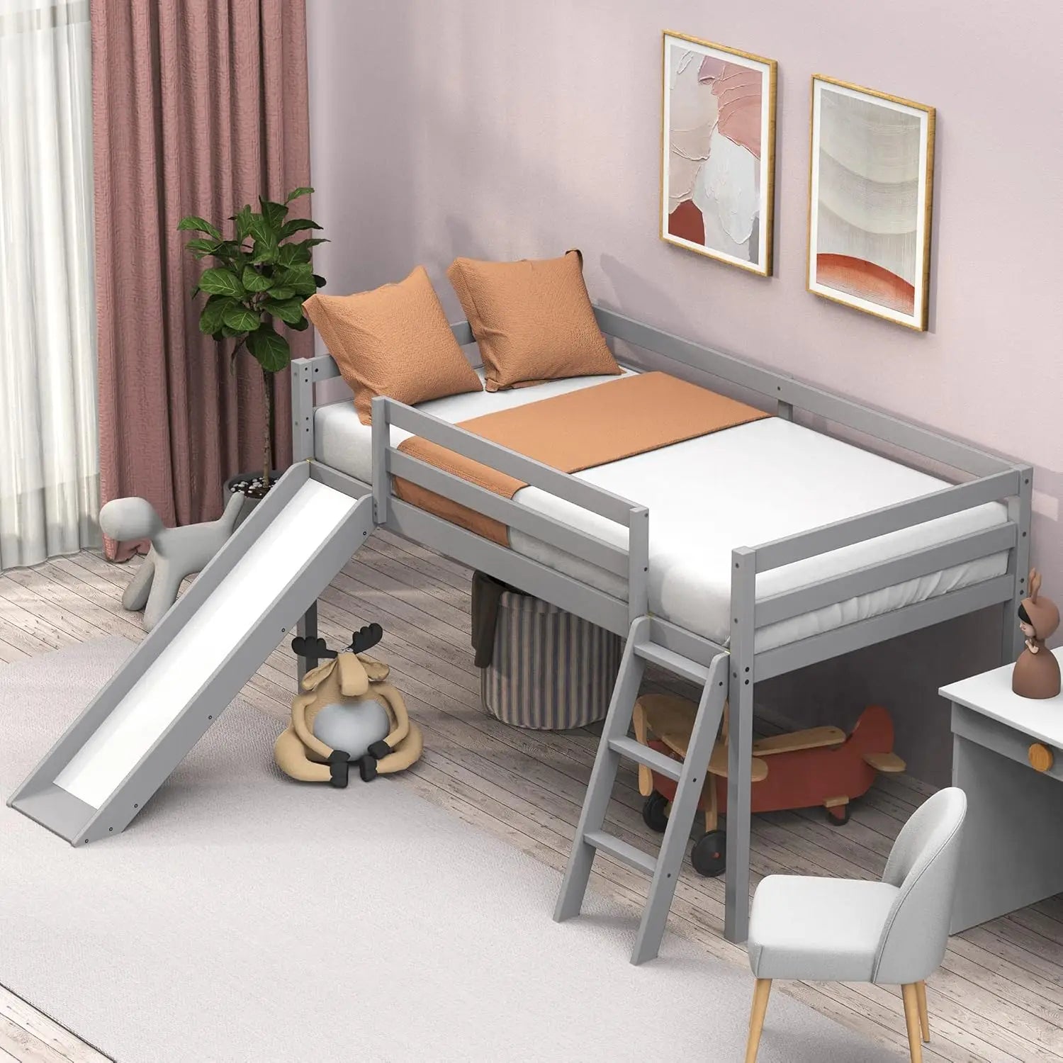 Kids Wooden Loft Bed with Climbing Ladder &amp; Storage Space