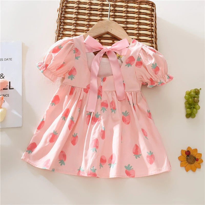 Strawberry Print Baby Girl Flower Backless Dress