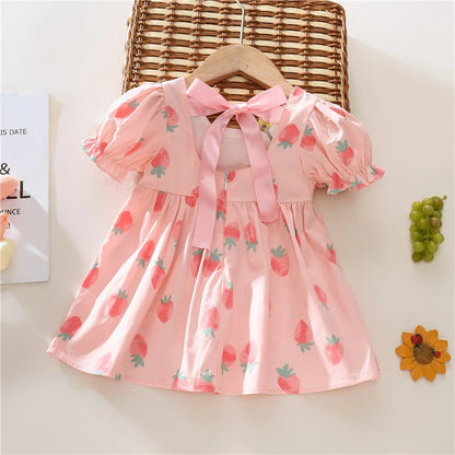 Strawberry Print Baby Girl Flower Backless Dress