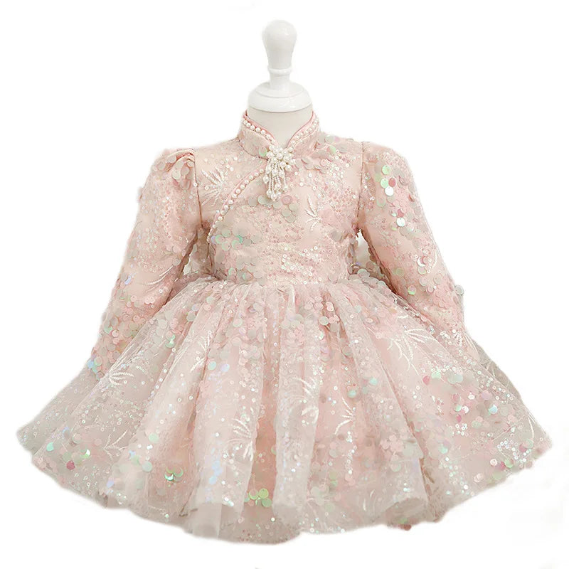 Luxury Elegant Deisgn Sequin Pink Little Girls Christening Gowns childrensterritory