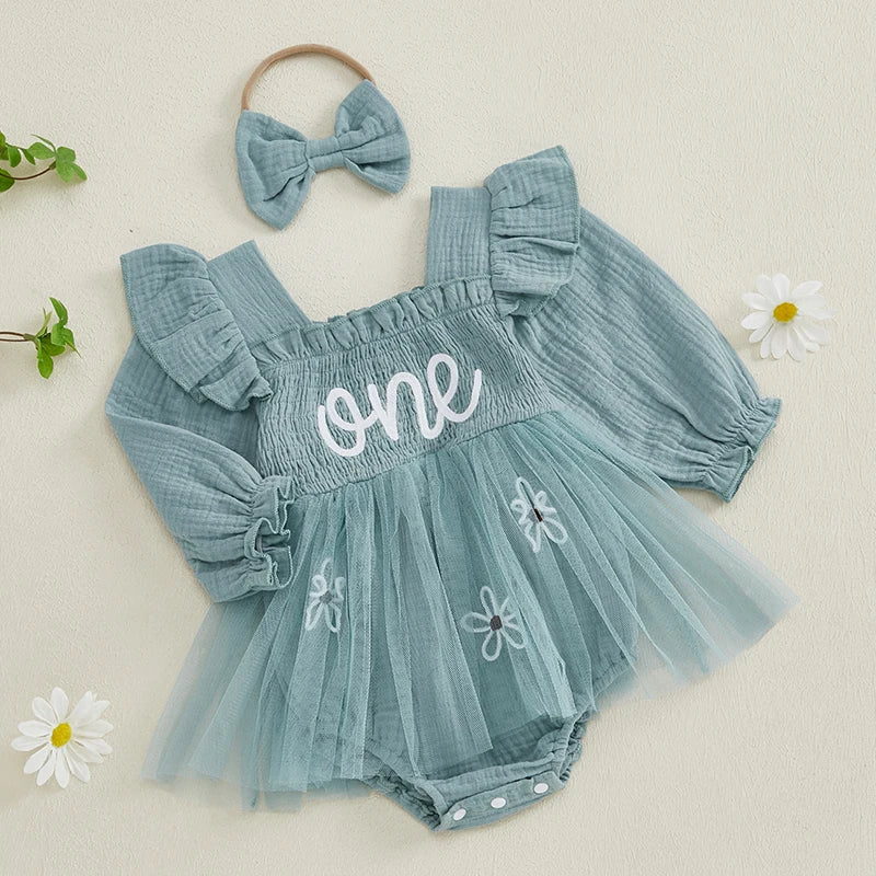 Baby Girls Letter Pattern Ruffled Mesh Romper Dresses
