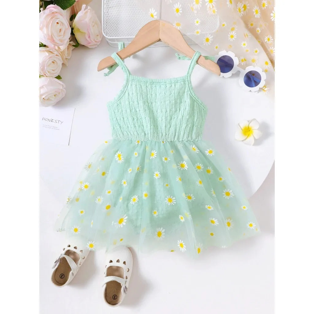 Small Daisy Print Baby Girl Sleeveless Mesh Romper Dress