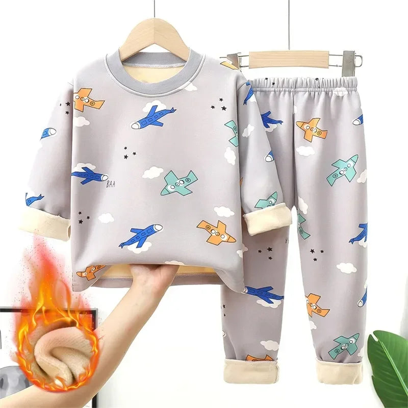 Baby/Kids Thick Warm Cartoon Print Pajamas Set
