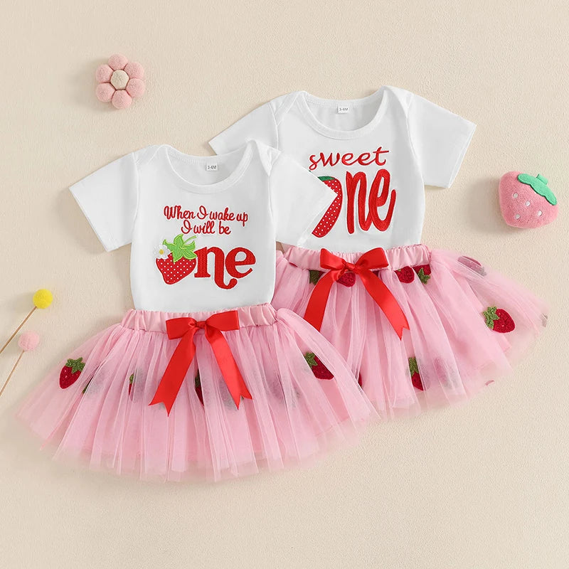 Baby Girl Strawberry Print Romper and Tulle Skirt 2 Pcs Set