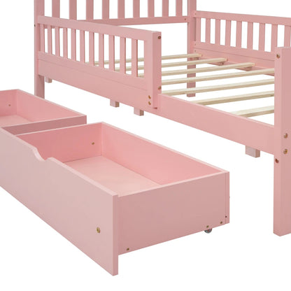 Space-saving Twin Size Wood Platform Bed with Guardrails childrensterritory