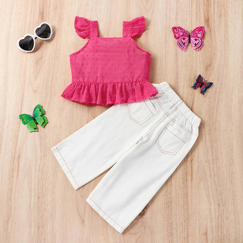 Kids Girls Button Tops and Butterfly Pants Clothing Set