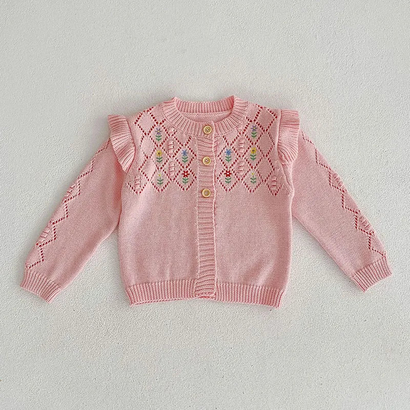 Baby Girls Long Sleeves Floral Embroidery Knitted Cardigans childrensterritory