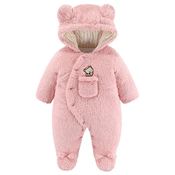 Baby Cartoon Pattern Hooded Fleece Rompers