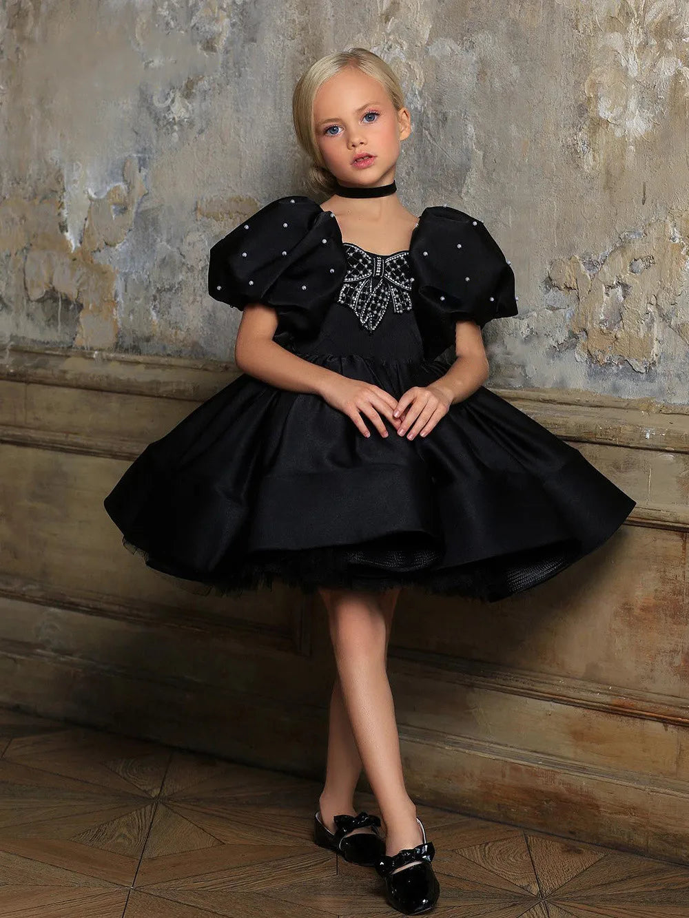Pearls Designed Boat Neck Little Girls Party Dress childrensterritory