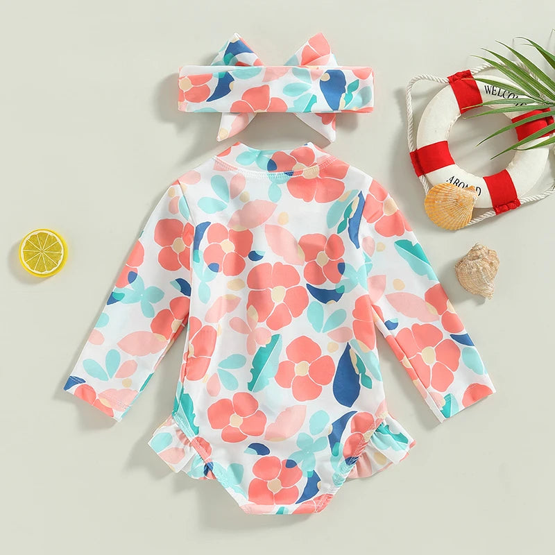 Floral Print Zipper Long Sleeve Baby Girls Swimsuit &amp; Headband