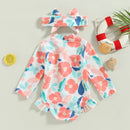 Floral Print Zipper Long Sleeve Baby Girls Swimsuit & Headband