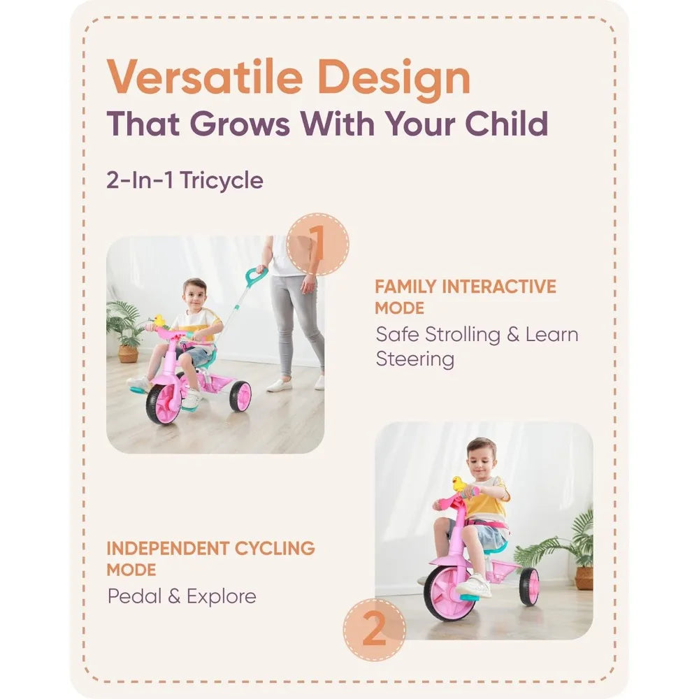 2 in 1 Kids Tricycles with Push Handle and Duck Bell childrensterritory