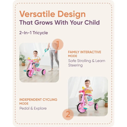 2 in 1 Kids Tricycles with Push Handle and Duck Bell childrensterritory