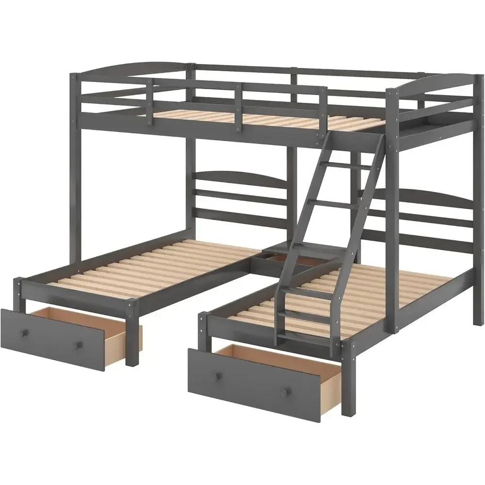 Full Over Triple Bunk Bed with Drawers and Guardrails