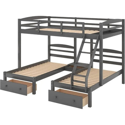 Full Over Triple Bunk Bed with Drawers and Guardrails