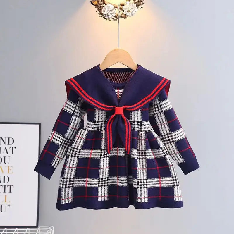 Kids Girl Plaid Knitted Sweater Dress with Bow Military Style